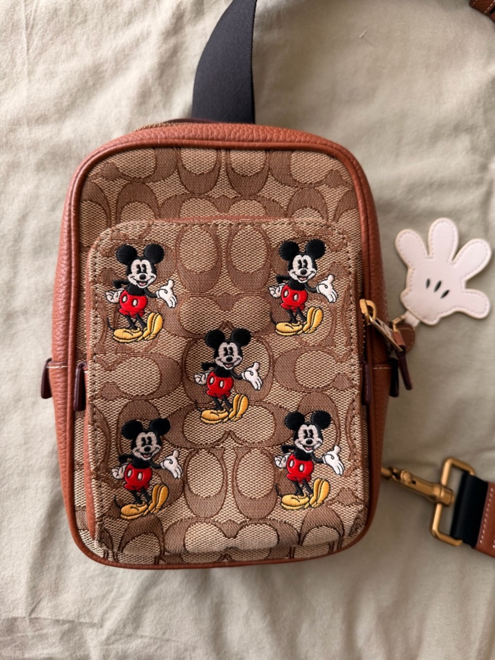 Disney Coach Track Pack 14 Signature Jacquard Mickey Mouse Sling Pebble Leather